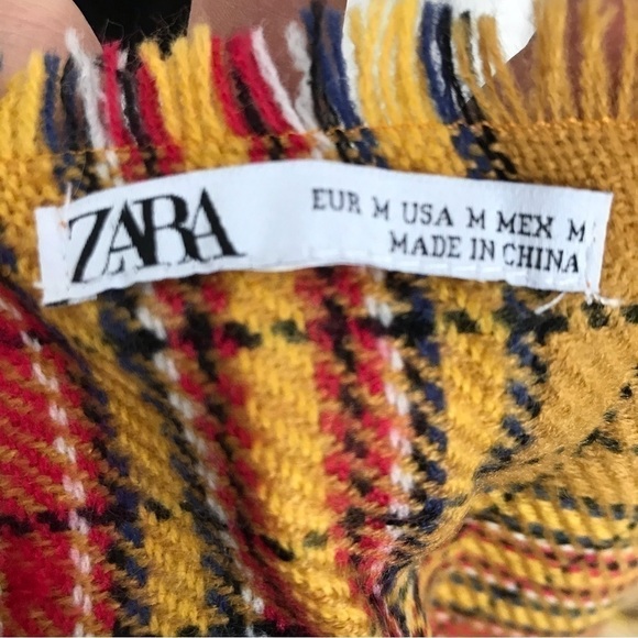 Zara large knitted winter scarf with graphic. Mustard and red tartan plaid. - Picture 2 of 7